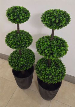 *** NEW LOW PRICE *** PAIR of 46" Faux 3-Ball Boxwood Topiaries in 14" Black Planters (2 for $100) @ Lasting Creations