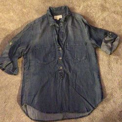Women’s Clothe & Stone Chambray-like Dotted 3/4 Button Up Pull-over Blouse / Top
