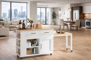 Rolling Kitchen Island with Folding Table & Built-in Outlet