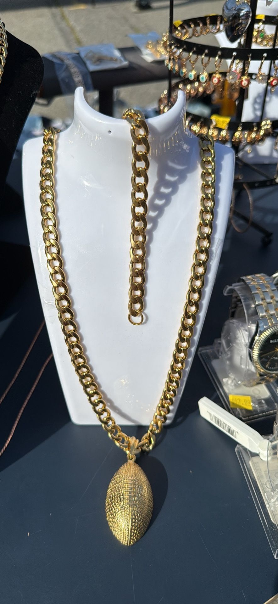 Stainless Steel Necklace & Bracelet Set with football Pendent