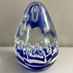 Vintage Egg Shaped Blue White Art Glass Paperweight Decor