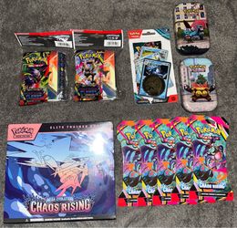 Chaos ETB + Chaos Sleeves + Phantasmal + Masquerade + Lumios tins (Pokemon cards)