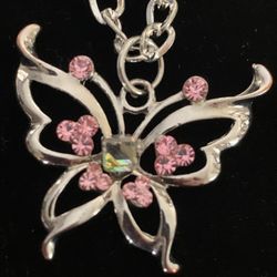 Silver Butterfly Necklace w/ Light Pink And Clear Stones