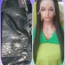 STRAIGHT 24" NATURAL BLACK WIG! 