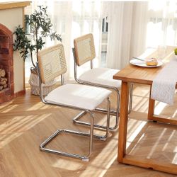 Upholstered Boucle Dining Chairs Set of 2, Sturdy Rubber Wood Frame Cane Chairs, Comfy Kitchen Chairs with Natural Cane Back, Stainless Chrome Base fo