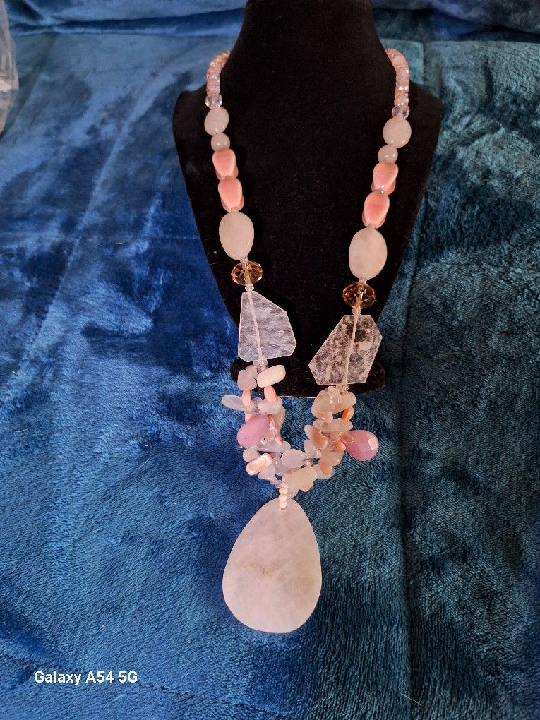 Rose Quartz, Indian Garnet, Hematite, Austrian Crystal Necklace