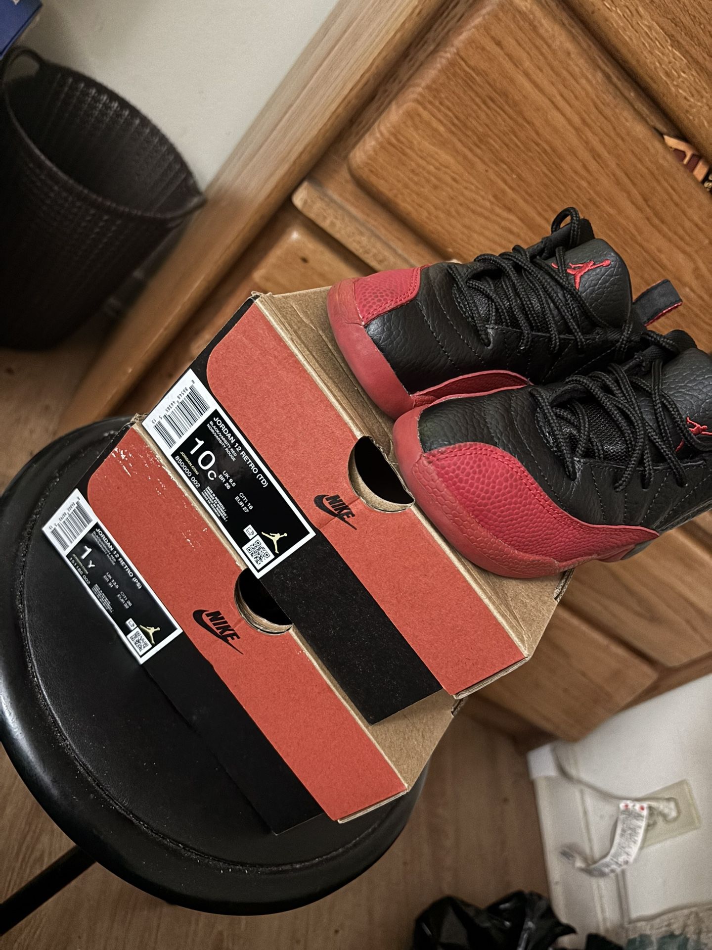 2 pairs of Jordan Retro (PS) {Size:1y } & Size:10 CRed/Black 
