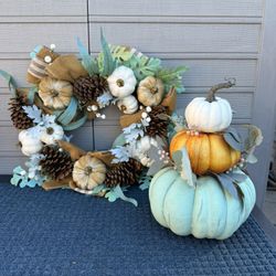 Fall / Autumn Wreath and Triple Pumpkin Decoration 