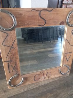 Rustic Wood Mirror with Horseshoe Accents