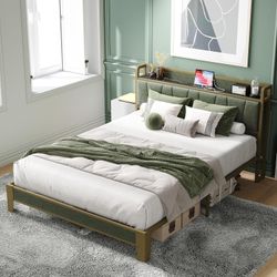 Queen Bed Frame, Storage Headboard with Charging Station, Solid and Stable, Noise Free, No Box Spring Needed