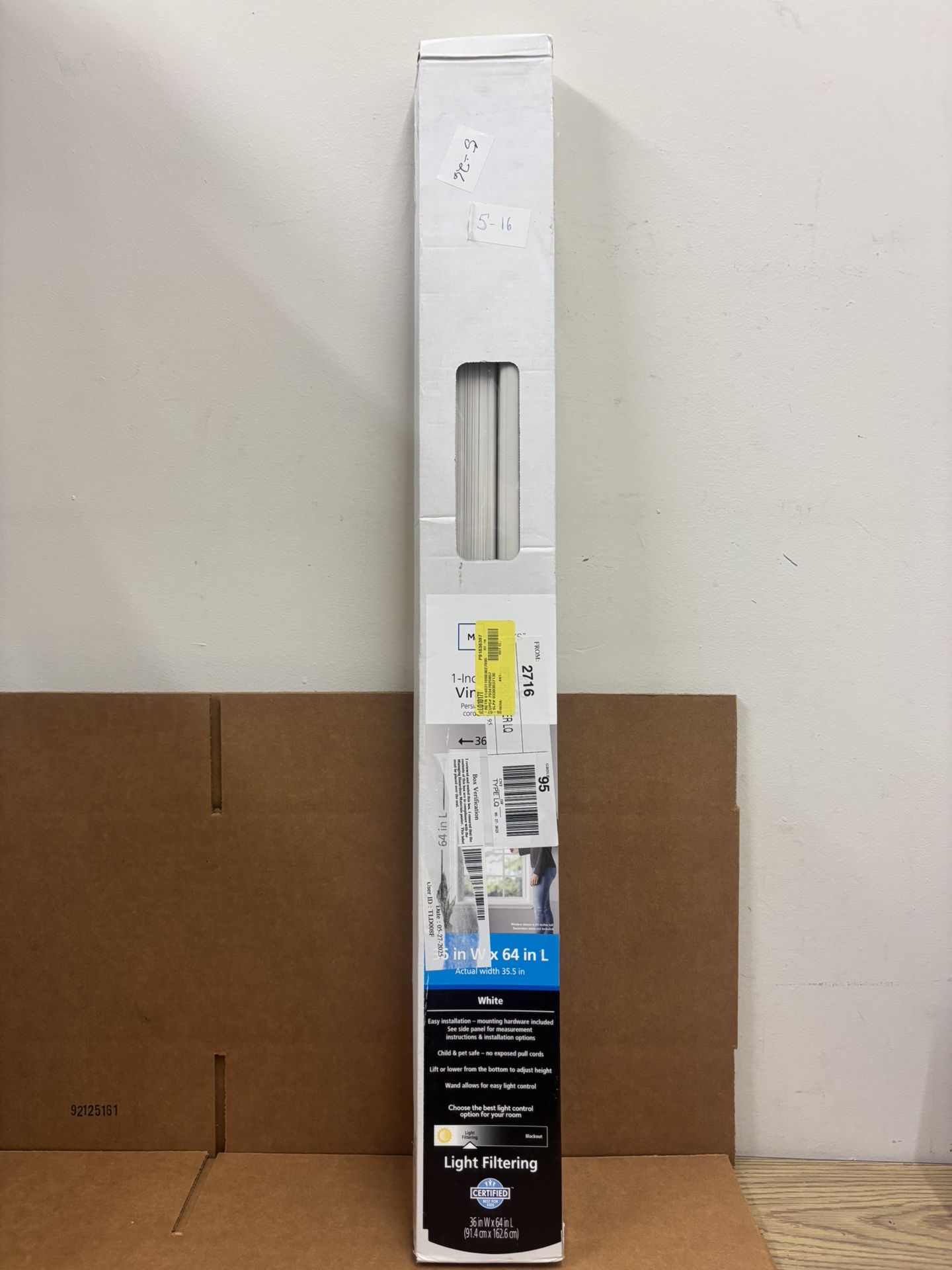 1” Cordless Vinyl 36” x 64” Light Filtering White Blinds