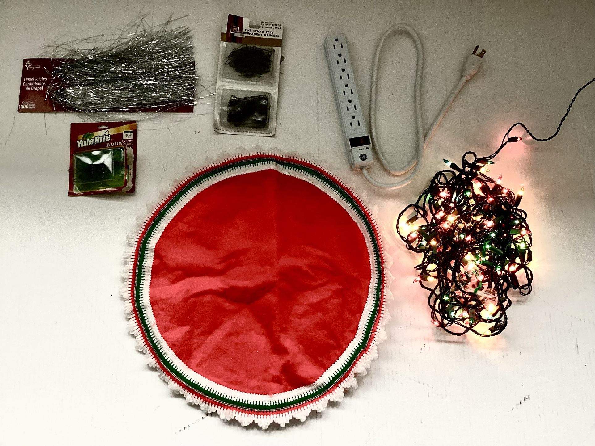 Christmas Items Decor Mix GE Power Strip Tree Skirt Ornament Hooks String Lights Icicles Tinsel