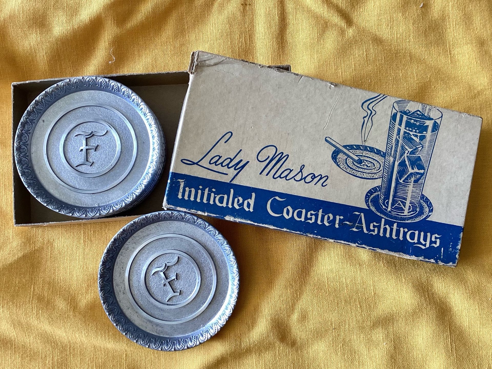 Set Of 8 Lady Mason Coasters / Ashtrays Initial “F” Silver Metal Original Box Mee in USA