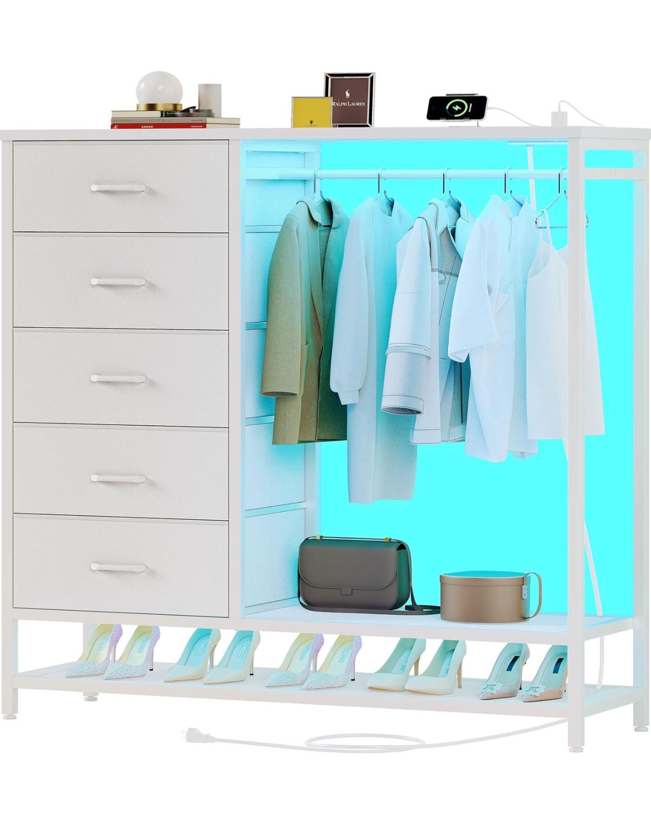 New in box Dresser for Bedroom, Dresser with Hanging Rack Led Lights and Charging Station, White Bedroom Dresser with 5 Fabric Chest of Drawers with P