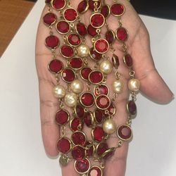 Vintage Chanel 1981 Red Gripoix Glass & Faux Pearl Long Chain Necklace Gold Tone Signed