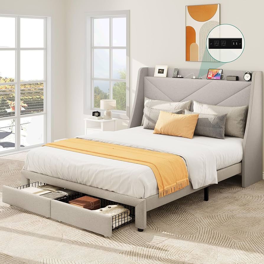 YITAHOME Storage Bed Frame, Queen Size Bed Frame with Type-C & USB Port and 2 Drawers, Upholstered Headboard Storage Shelf Platform Bed, No Box Spring