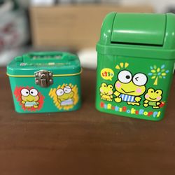 2 vintage Sanrio Keroppi cute tin can and trash can
