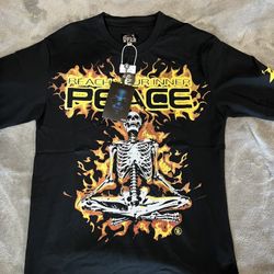 HELLSTAR Men's Black Graphic Cotton Skeleton Fire Peace Short Sleeve T-Shirt L