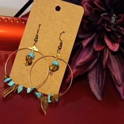 Tigers Eye And Turquoise Gold Tone Hoop Leaf Earrings 