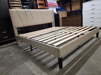 Beige Upholstered King Size Platform Bed Frame