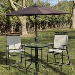 4 Piece Outdoor Patio Dining Furniture Set, 2 Folding Chairs, Adjustable Angle Umbrella, Wave Textured Tempered Glass Dinner Table, Beige   