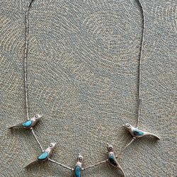 Vintage native 5 birds Turquoise blue Sterling silver Liquid Silver Tube Heishi Necklace 17” in length  In great condition  Unique design