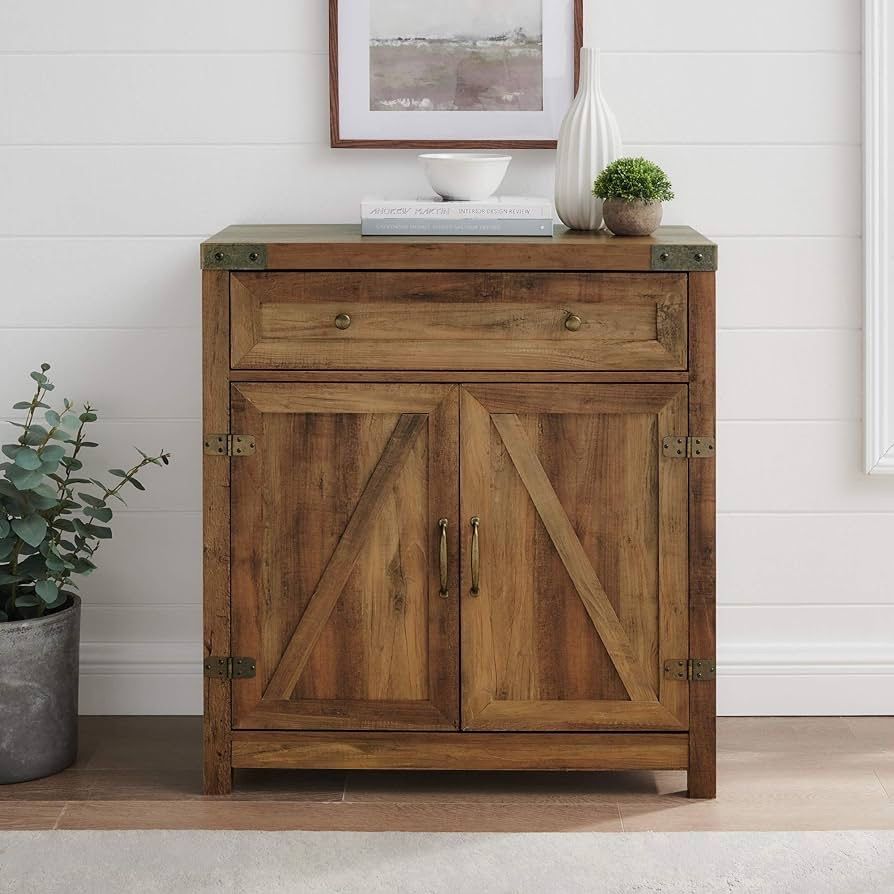 Cass Modern Farmhouse Double Barn Door Accent Cabinet, 30 Inch, Rustic Oak, Without Fireplace