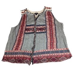 Lucky Brand Boho Peasant Top 1X Red Blue Border Print Sleeveless Blouse