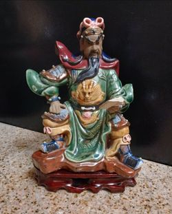 Vintage Hand Painted Guan Gong or Guan Yu Pottery Sculpture
