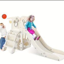 Brand New In Box 📦 🤍🩶 Toddler Slide With Basketball 🏀 Hoop And Storage