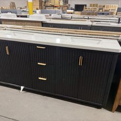 72 in. Black Fir Wood Fluted Vanity with Quartz Top for $1250