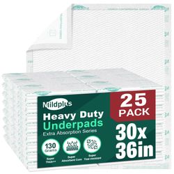 MILDPLUS Heavy Duty Underpads 30"X36", 25 Count, Ultra Absorbent Chucks 130 Grams Tear-Resistant Disposable Bed Pads Incontinence