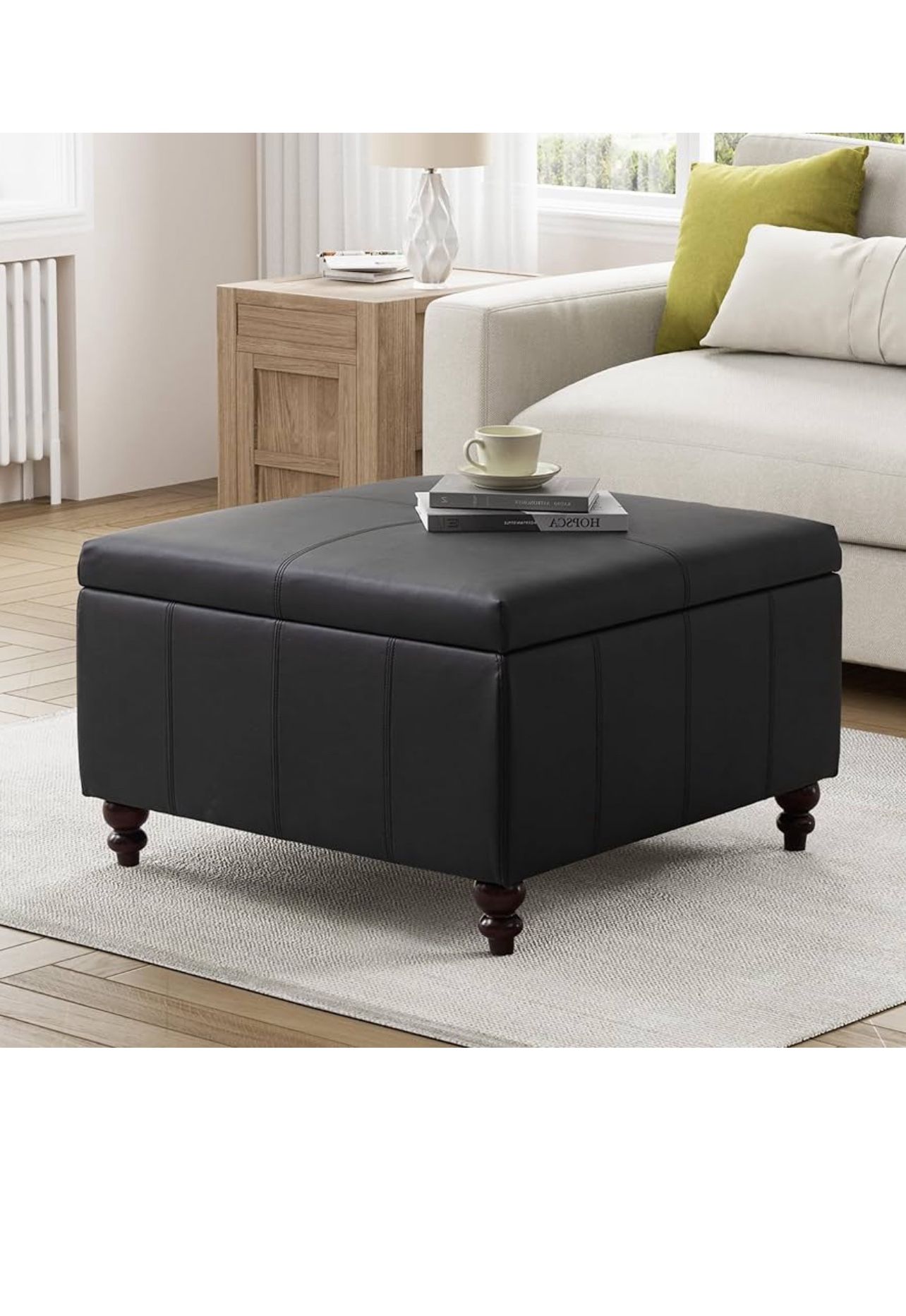 Square Leather Storage Ottoman black