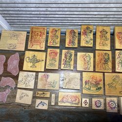 33 Large Red Rubber Stamps On Wood!