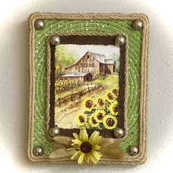 Green picture frame barn & sunflowers Brown Yellow framed 10x8”