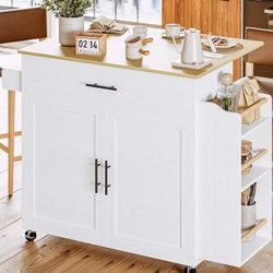 IRONCK Kitchen Island with Storage, Rolling Kitchen Island on Wheels with Drop Leaf, 3 Open Spice Rack Shelf, Door Cabinet, Drawer, Kitchen Cart Islan