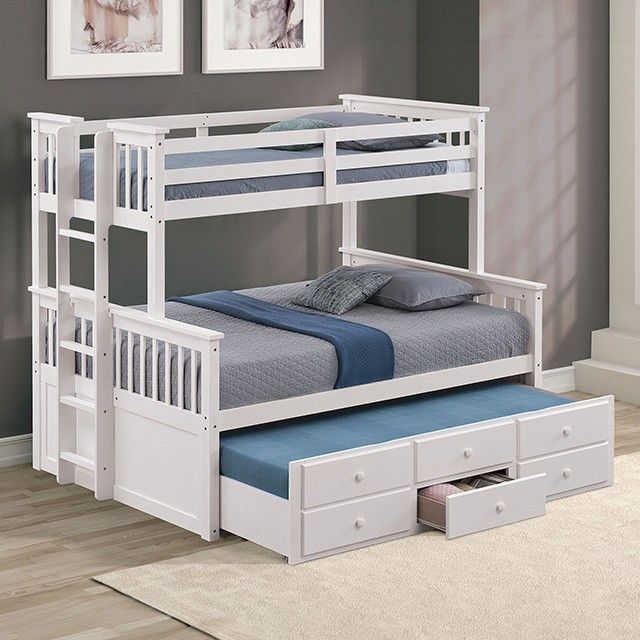 Brand New White Twin Over Full Bunk Bed w Trundle Bed + Drawers 
