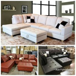 Brand New Leather Sectional Sets With Decorative Pillows & Storage Ottoman