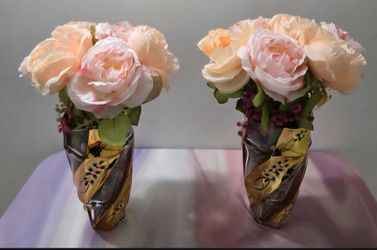 Decorative Vases with Faux Pink/Peach Rose Bouquets in Gypsophila & Polished Stone ($20 EACH) @ Lasting Creations