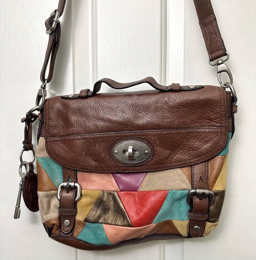Authentic Fossil 1954 Live Vintage Maddox Brown Colorful Patchwork Satchel Genuine Leather Handbag