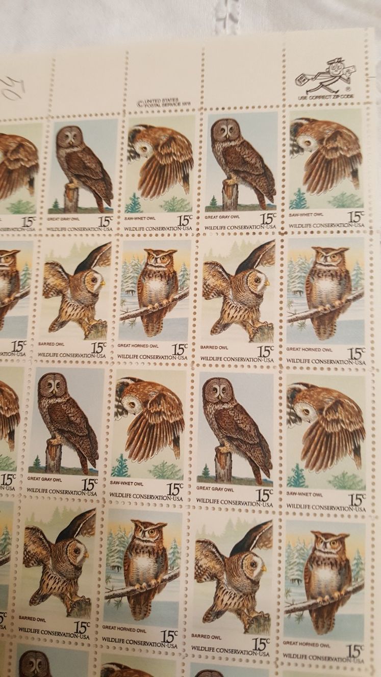1978 U.S. ‘Wildlife Conservation’ 15 cent Stamps - Sheet of 50 - Owls 4 designs