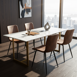 Homy Casa Slip 5PC White Marble Dining Set 55" Gold Base Table with 4 Scargill Suede Brown Chairs Modern Luxury Style