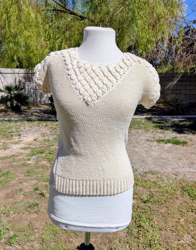 VTG Jennifer Reed 1980s Petite Med Hand Knit Cotton Beige Sweater Top Shirt NOS