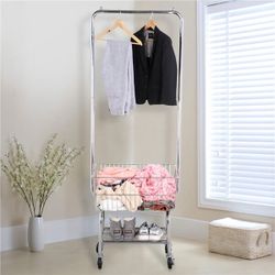 3-tier rolling cart with hanging bar , metal laundry room storage cart ok wheels.