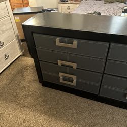 Dresser, Nightstands And Entertainment Stand(Black) With Leather Face Drawers 