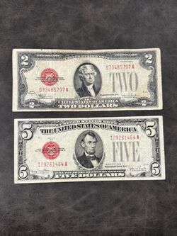 Pair 1928-F $2 & $5 U.S. Red Seal Notes -- LOW COST VINTAGE CURRENCY! — SHIPPING AVAILABLE!
