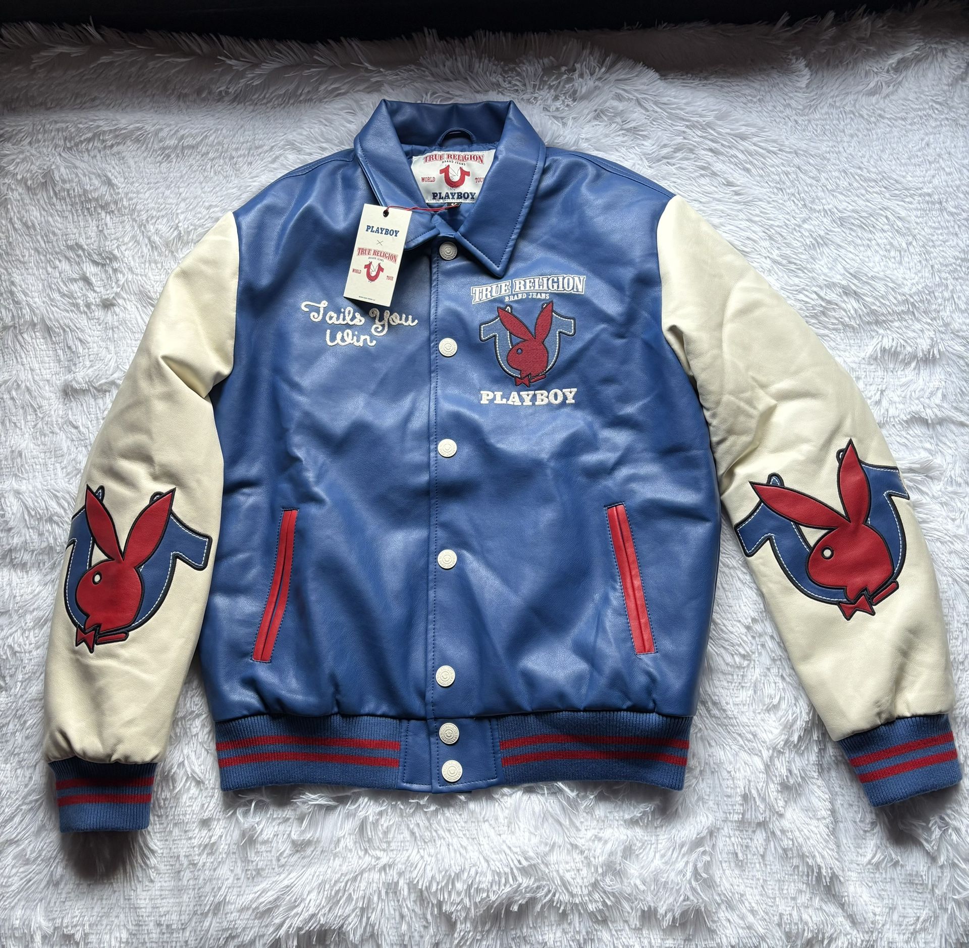 Rare PlayBoy x True Religion Varsity Bomber Jacket Blue Mens Size Medium 
