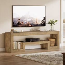 RY0383 Tabor Light Brown TV Stand Fits TVs up to 60 to 65 in. Farmhouse Vintage Entertainment Center with Storage Shelves