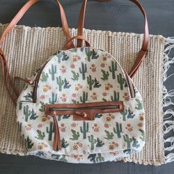 Cactus Print Canvas Backpack Medium Adjustable Straps Zipper 3 Pockets