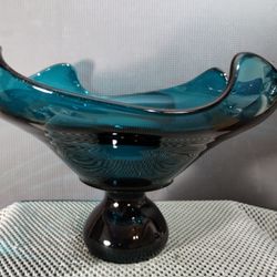 Vintage MCM Viking Epic Waves Bluenique Glass Pedestal Compote Dish